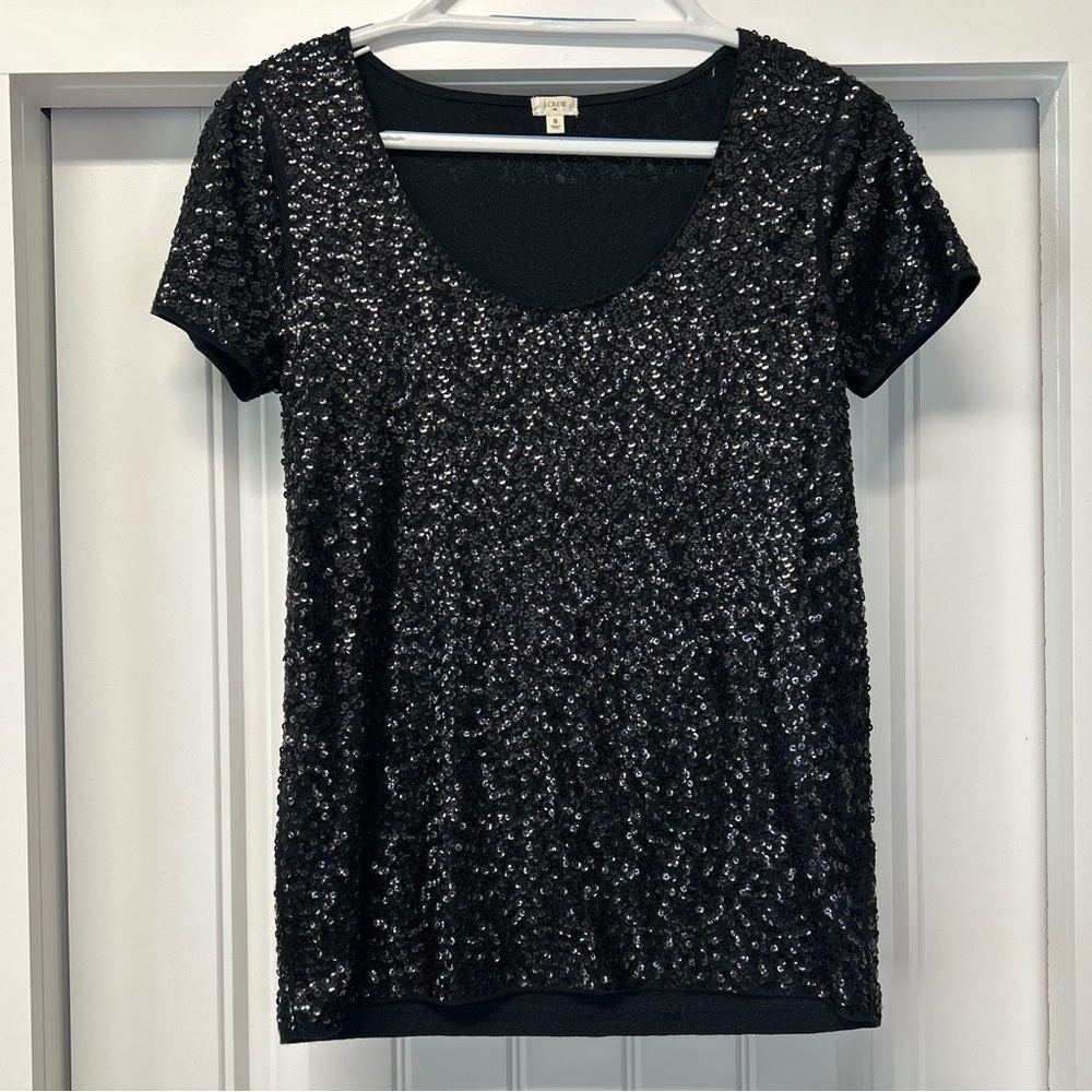 J Crew Factory Woman’s Black Sequined Scoop Neck Tee Short Sleeve Size S
